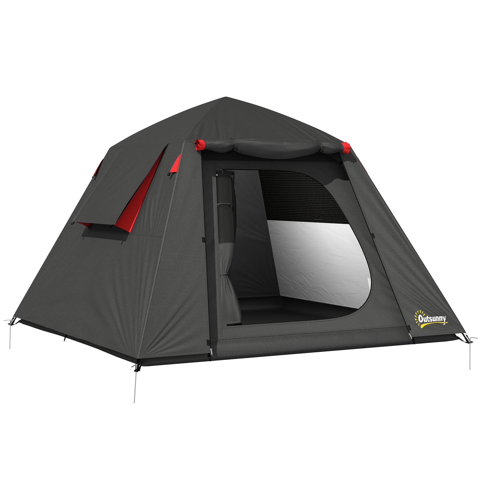 Outsunny Camping Tent, 2 Man Dome Tent with 2 Doors and 2 Windows, 3000mm Waterproof, with Sewn-in Groundsheet, Carry Bag and Top Hook for Fishing Hiking Festival, Dark Grey & Red