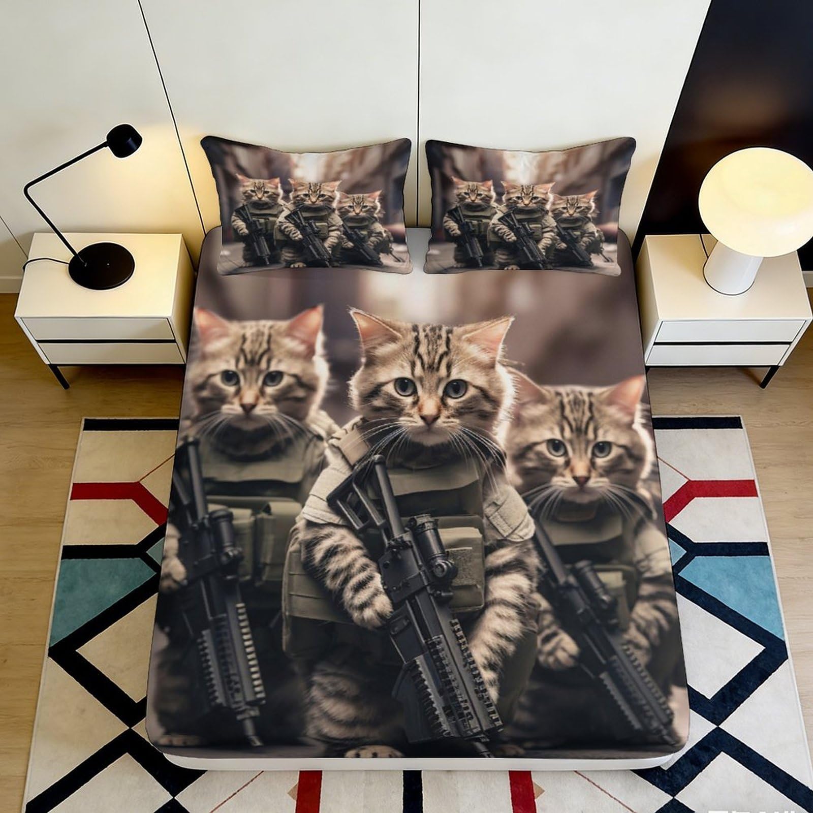 Dhbaneiok Style-4 3D Printed Tactical Cat Fitted Sheet Microfiber Soft Anti-Slip Bedroom Decor Camouflage Bed Cover For Adults Youth 90X200x25cm