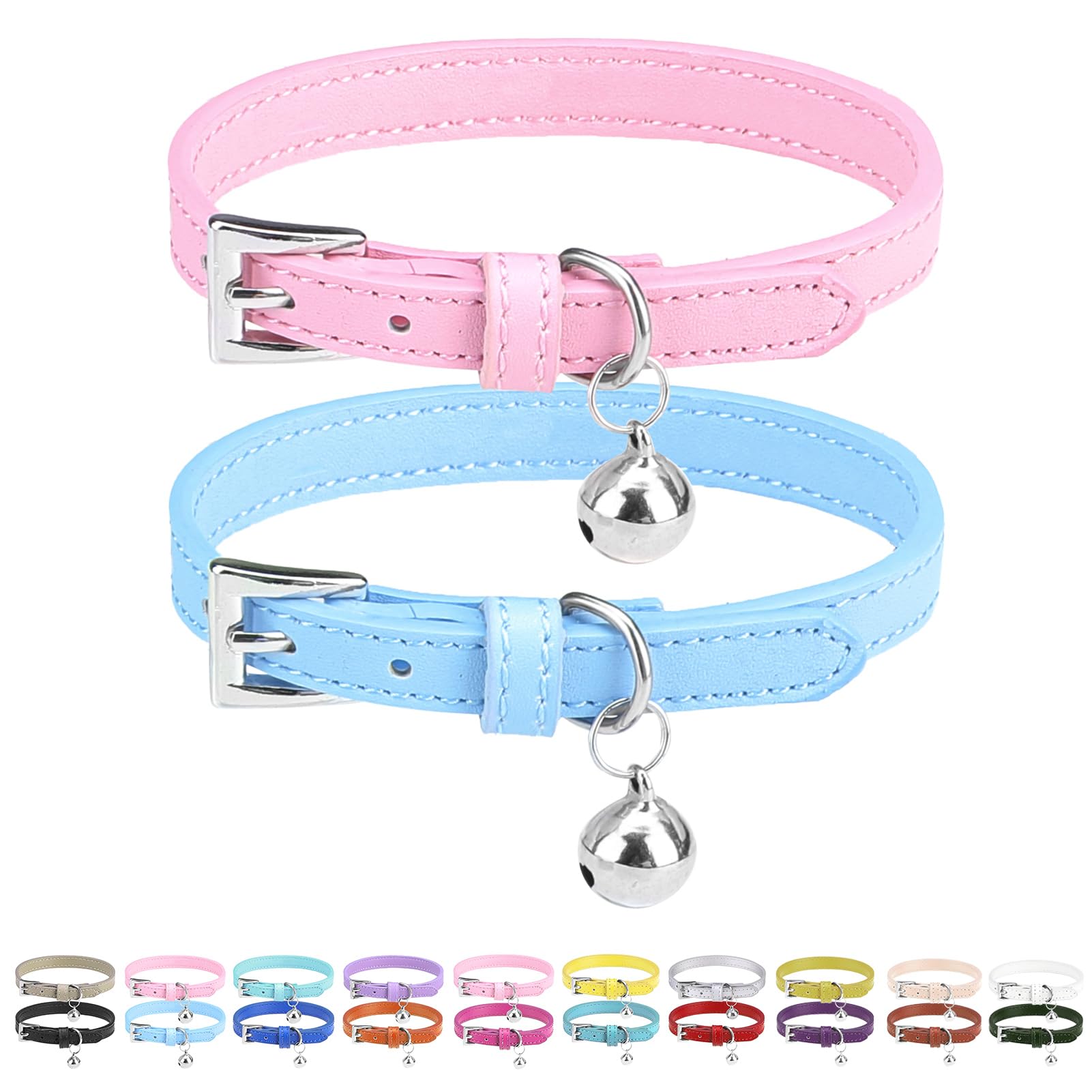 PUPTECK – 2 Pack Soft Genuine Leather Cat & Kitten Collars with Bells Adjustable for Cats & Puppies, Boys & Girls – Pink & Blue — image 1