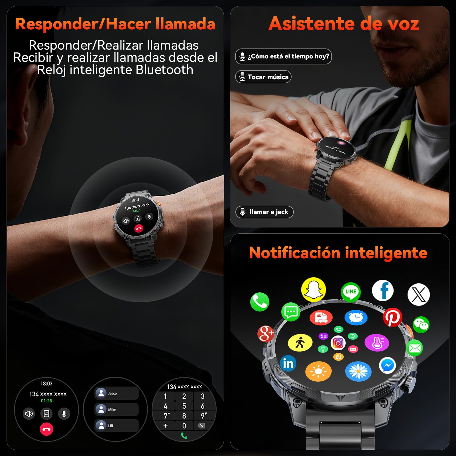 Reloj Inteligente Hombree Militares,1000 mAh Smartwatch, Dos Correas, Pantalla HD 1,75", Linterna LED, 100＋Modos Deportivos, Salud Monitorizada, Llamadas Bluetooth para iOS Android (Negro)