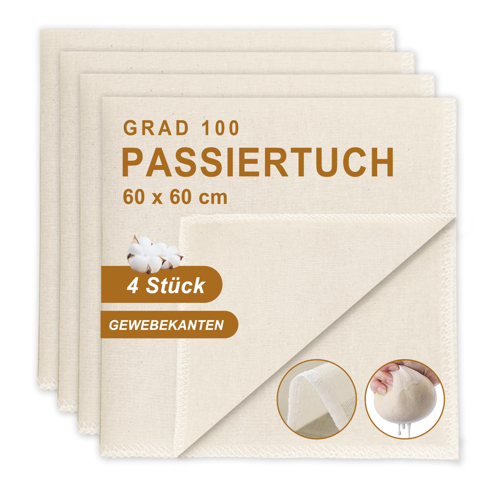 Quelcc 4 Stück Passiertuch, 60 x 60cm käsetuch und Knödeltuch,klassische feingewebte Tücher, für die Herstellung von Käse, Saft, Tee, Nussmilch, Suppe, Joghurt, Tofu