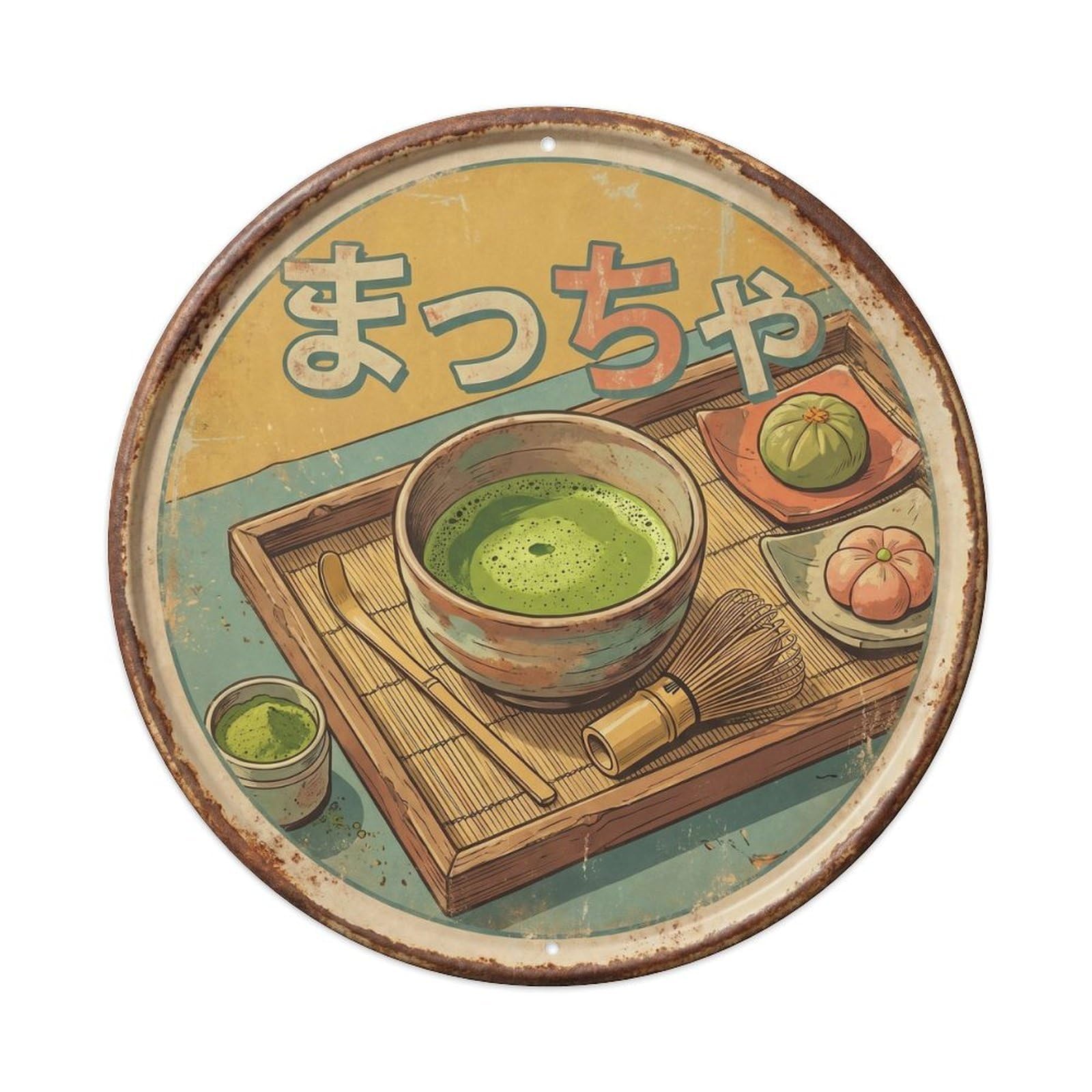 Cxhjca 8X8inch(20X20cm) Matcha Japanese Retro Cafe Tourism Style Wagashi Latte Metal Tin Sign