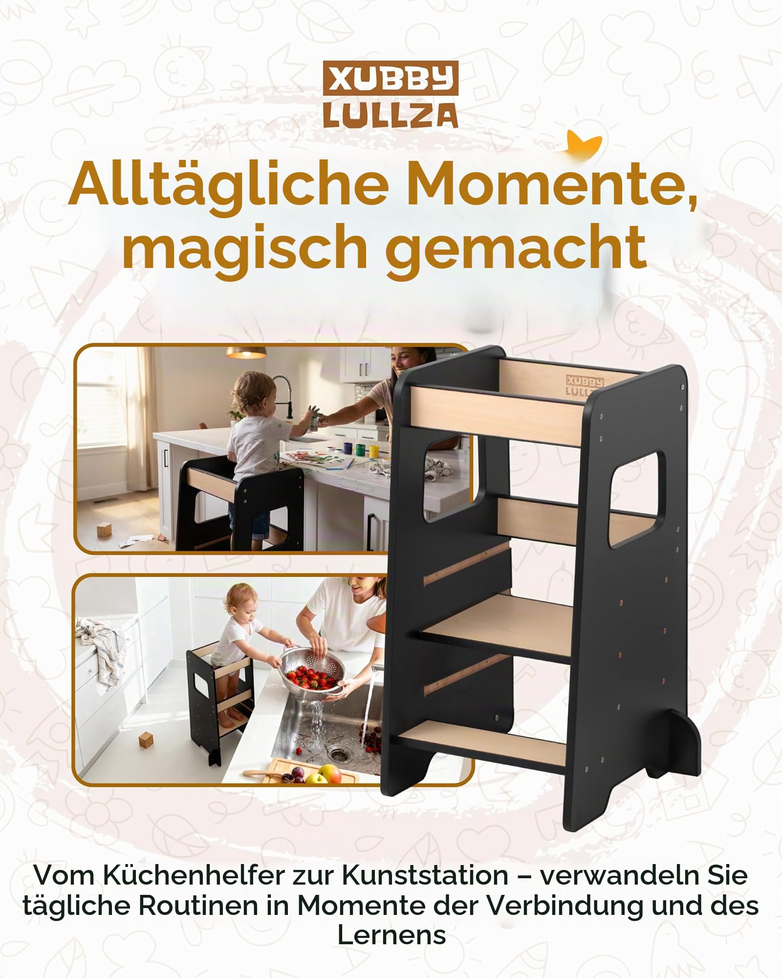 Lernturm höhenverstellbar aus Holz – Montessori Lernturm ab 1 Jahr, Tritthocker Kinder für Küche/Arbeitsplatte & Waschbecken, mitwachsend – Schwarz