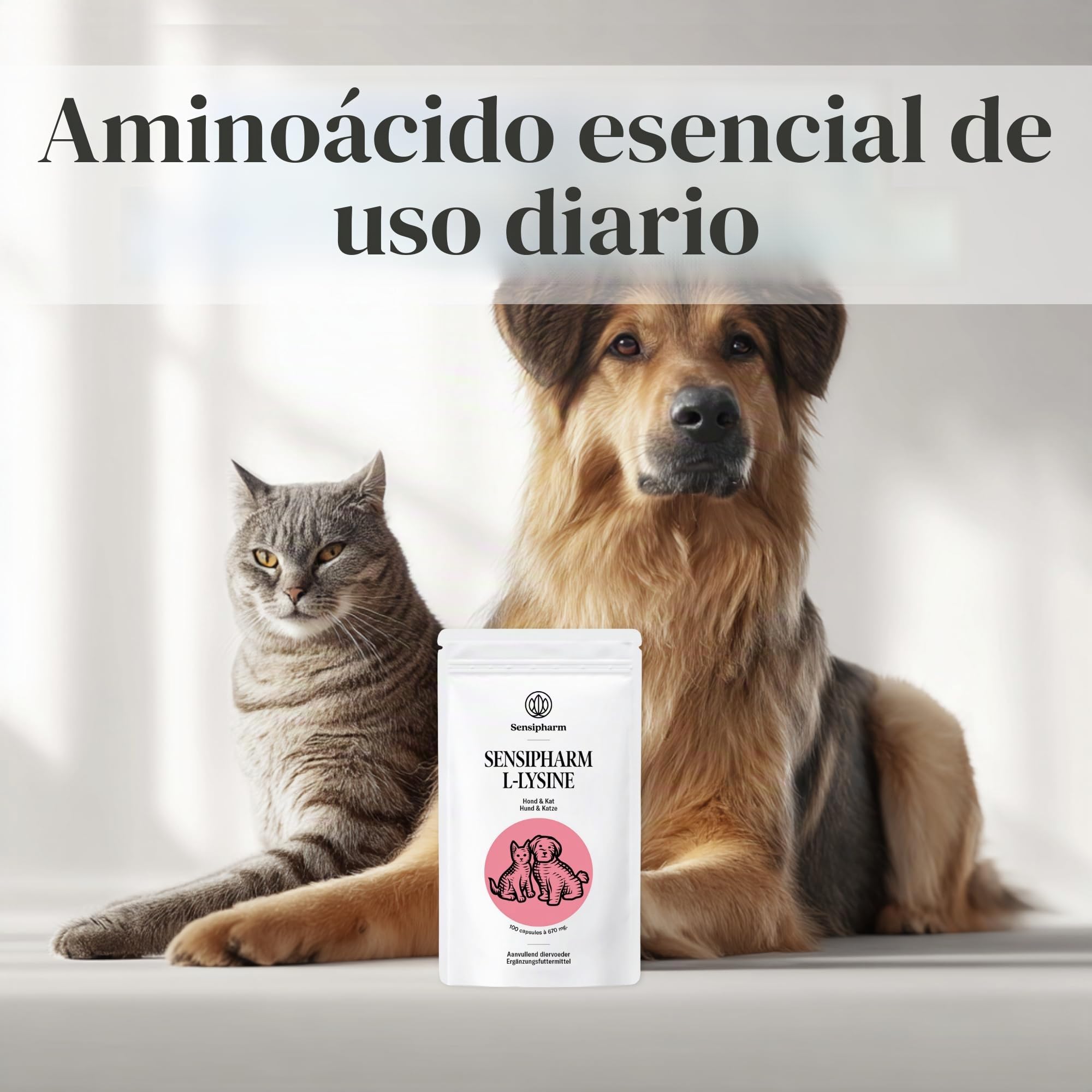 L-lisina para gatos y perros – Cápsulas de L-lisina en dosis altas 670 mg para apoyar el sistema inmunológico – Aminoácido Complemento alimenticio – 100 Cápsulas