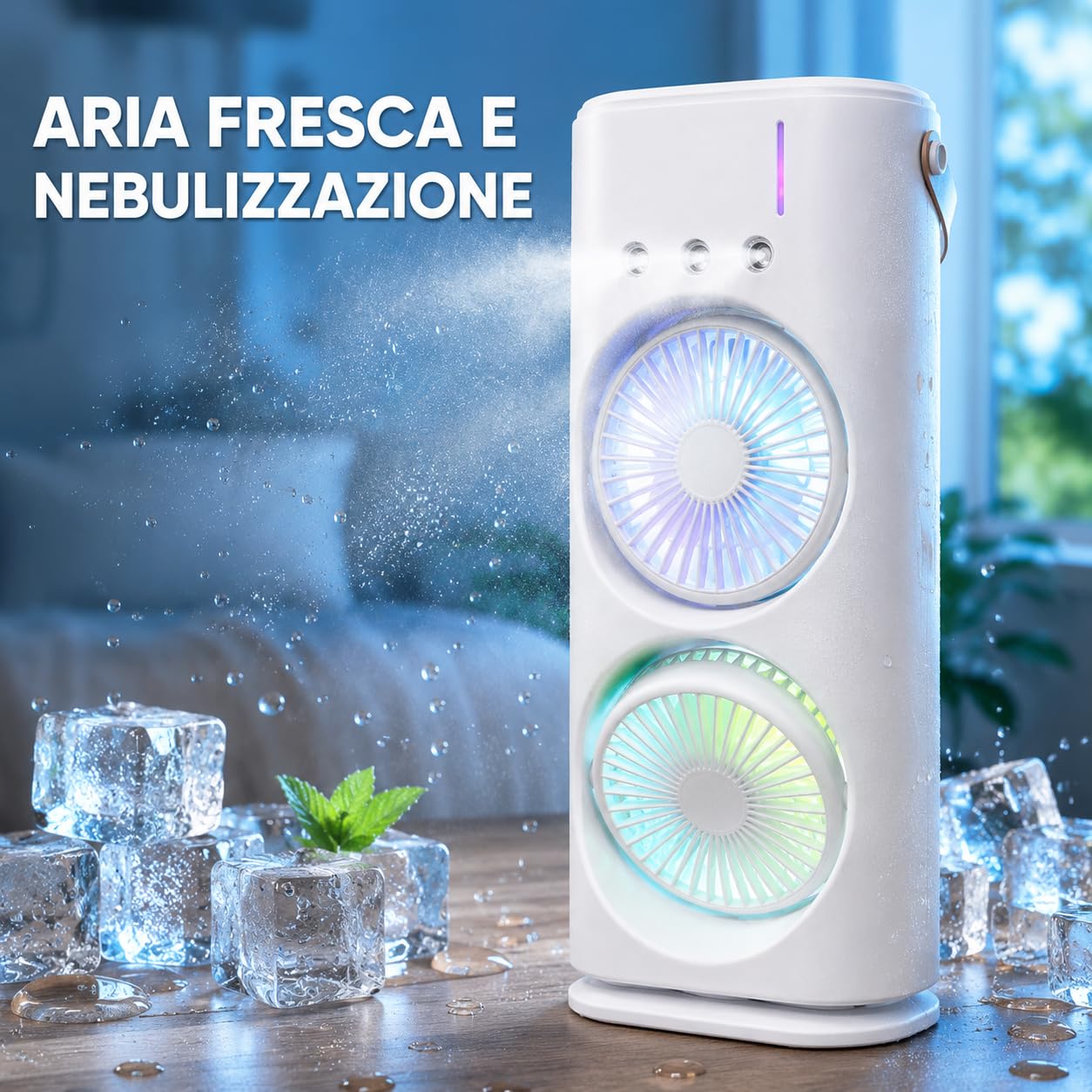 Przenośny chłodnica z podwójnym wentylatorem, mgiełką wodną i oświetleniem RGB, mini klimatyzator USB na stół, cichy wentylator ze zbiornikiem wody, do biura, sypialni i domu