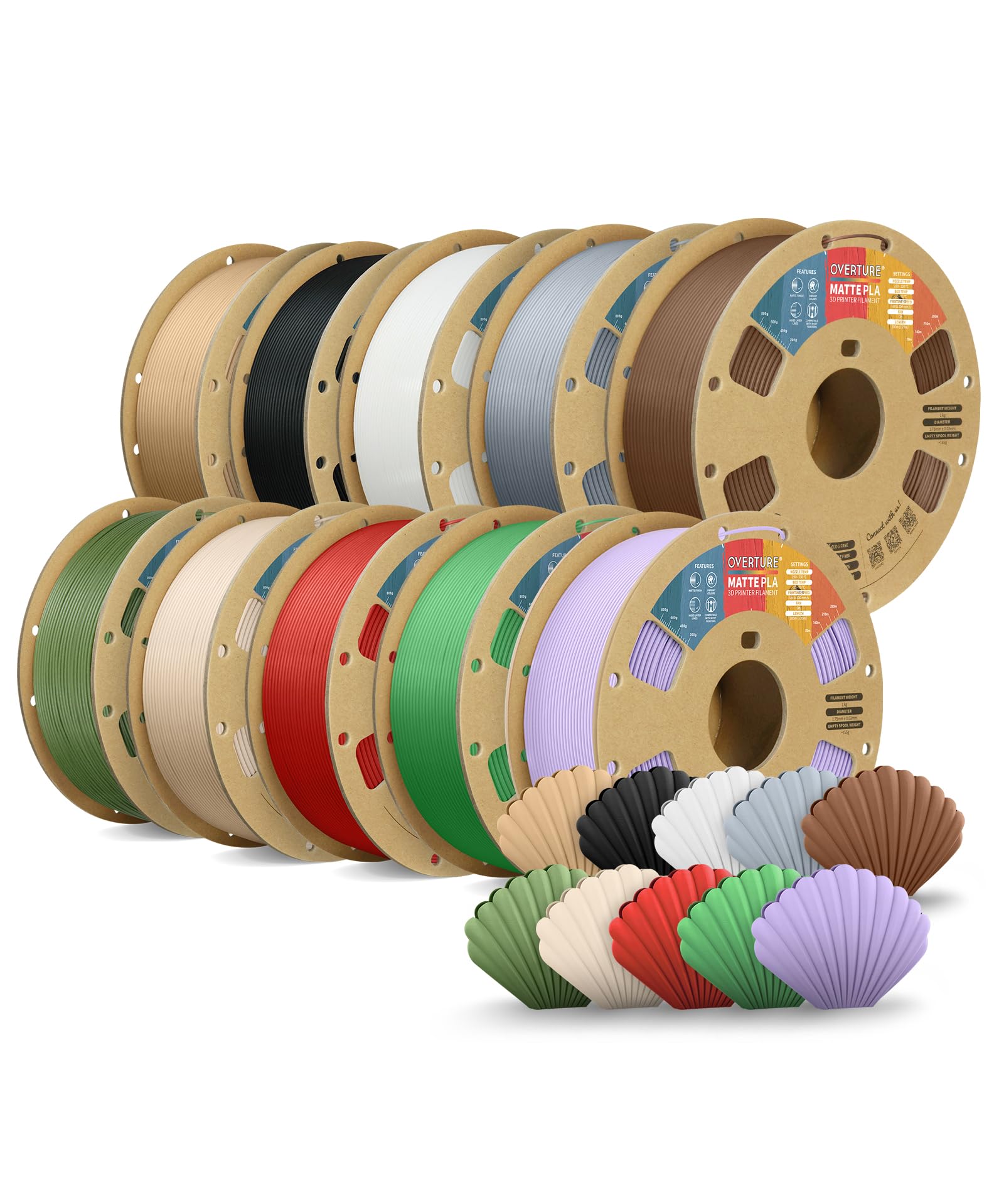 OVERTURE Lote de 10kg de Filamento PLA Mate para Impresora 3D, Filamento PLA con Acabado Esmerilado 1.75mm (Marrón claro+Negro+Blanco+Gris claro+Chocolate+Verde ejército+Piel+Rojo ladrillo+Verde+Lila)