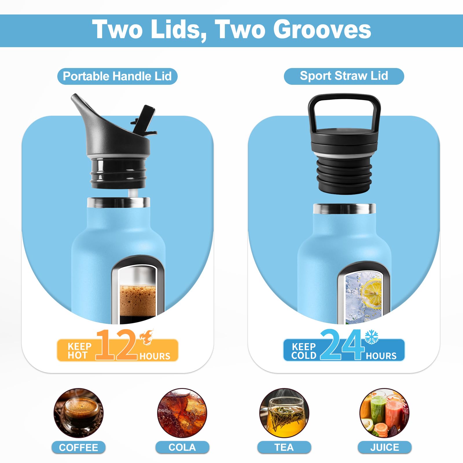 JAPORIA Borraccia Acciaio Inox 750ml, Termos con Cannuccia, a prova di perdite, Riutilizzabile, senza BPA, per Viaggio, Campeggio, Gimnasio