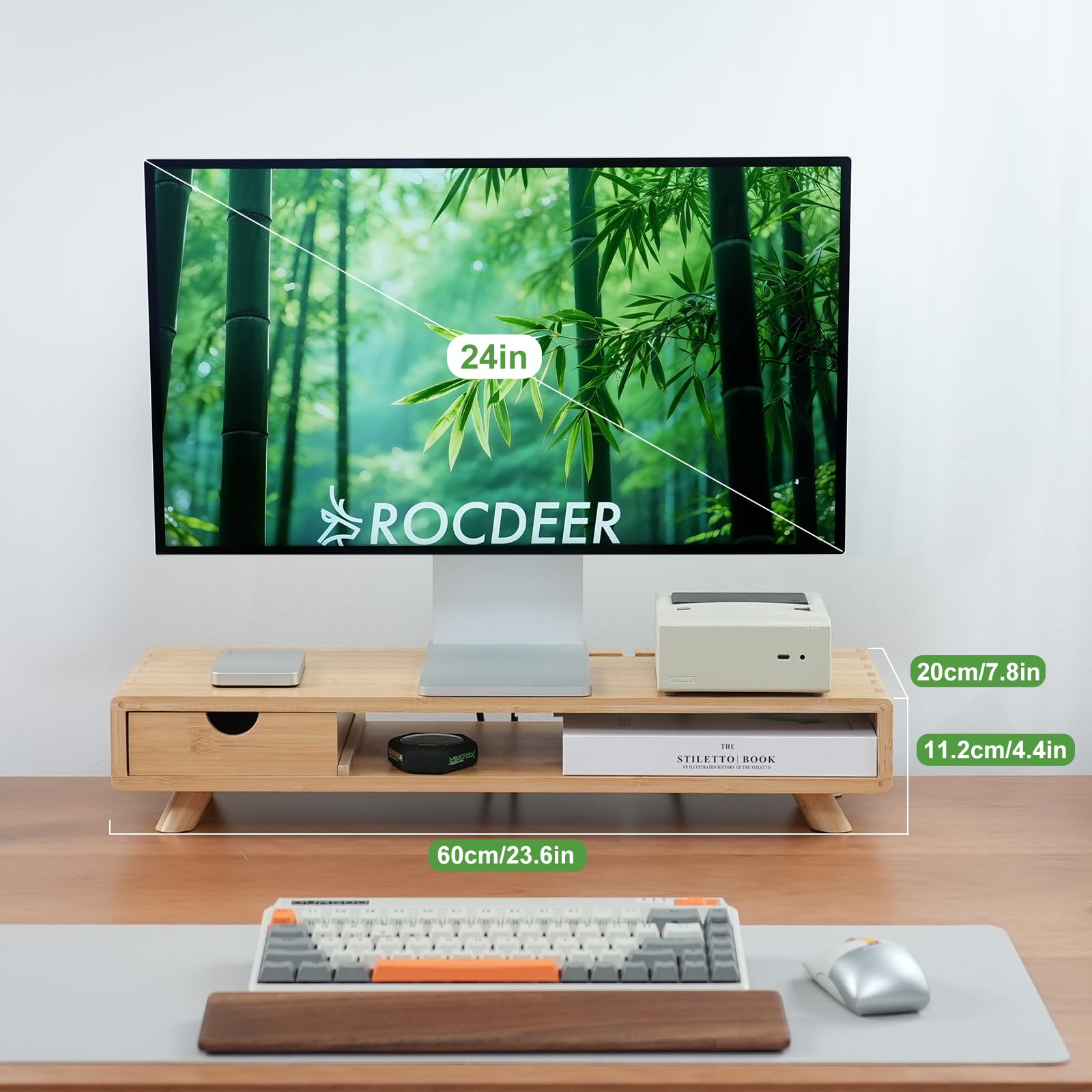 Supporto per monitor in bambù con cassetto, alzata ergonomica per computer per scrivania con gestione dei cavi e organizer per archiviazione, supporto per monitor in legno per casa e ufficio
