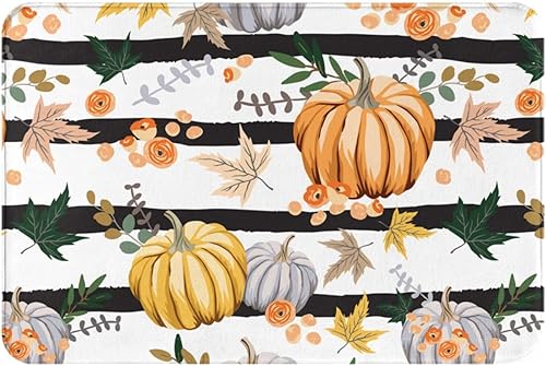 Autumn Orange Pumpkins Bathroom Rug Vintage Striped Flowers Maple Leaves Bath Mat Non Slip Machine Washable Shower Rugs Thanksgiving Decorations