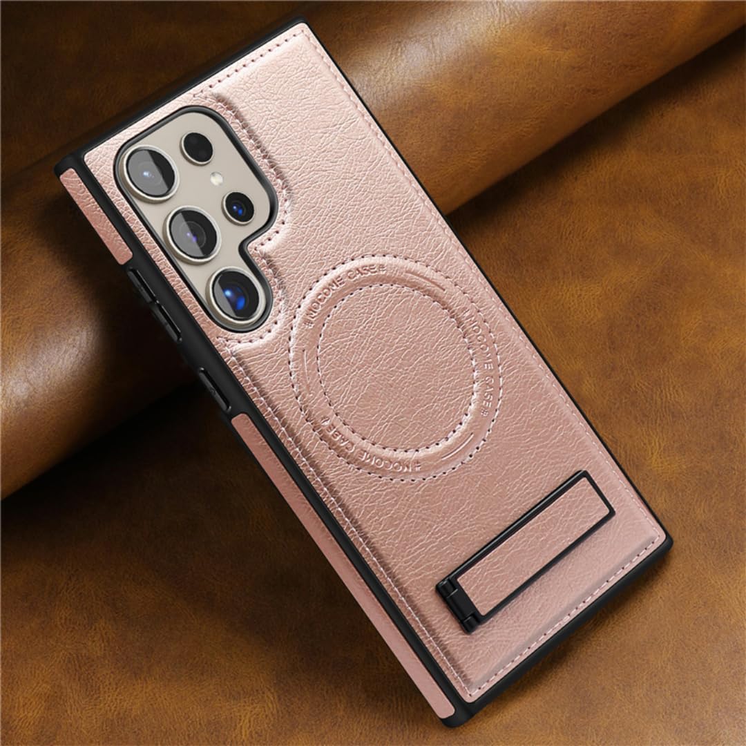 Do S22 Ultra Luksusowy skórzany składany magnetyczny uchwyt na telefon z bezprzewodowym ładowaniem, miękka, odporna na wstrząsy obudowa (do S22 Ultra/różowy)