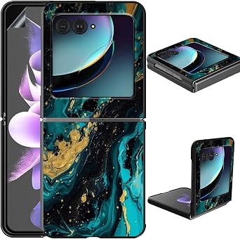 for Motorola Razr 40 Ultra/Moto Razr Plus 2023 Phone Case with Screen Protection Slim Ultra Thin Hard PC Back Cover with Green Marble Pattern Shockproof Protective Case for Moto Razr+ 2023