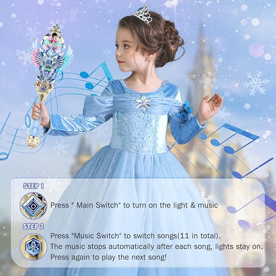 Light Up Magic Princess Wand Dual Lights, Spinning LEDs with Sound, Snowflake Fairy Wand for Dress-Up, Cosplay, Birthday Gift for Kids, Blue