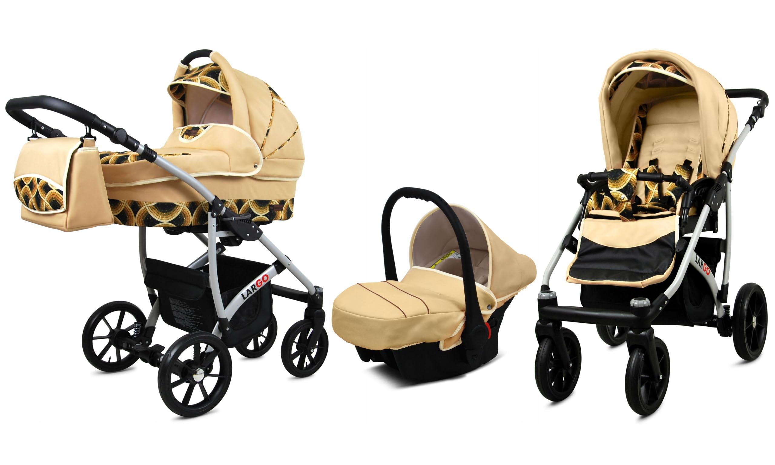 BabyLux Zestaw wózków dziecięcych 3 w 1 – Largo – w zestawie wanienka dla niemowląt, fotelik sportowy, fotelik samochodowy – zestaw wózków dziecięcych z torbą do przewijania, osłoną przeciwdeszczową