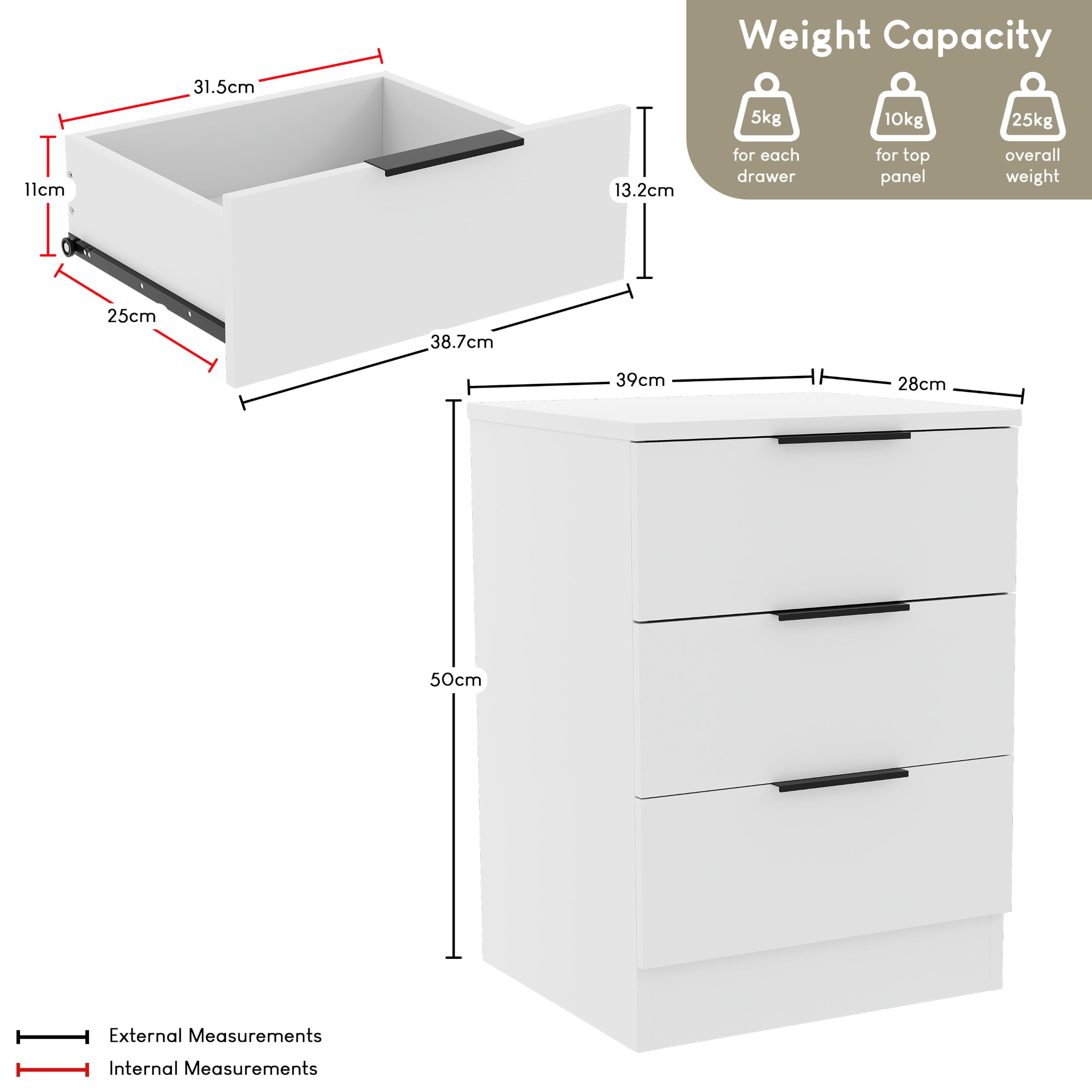 Vida Designs Trega - Comodino a 3 cassetti, compatto, salvaspazio, 50 x 39 x 28 cm, in legno ingegnerizzato, cassetti scorrevoli, maniglie nere moderne, ideale per camera da letto e camera degli