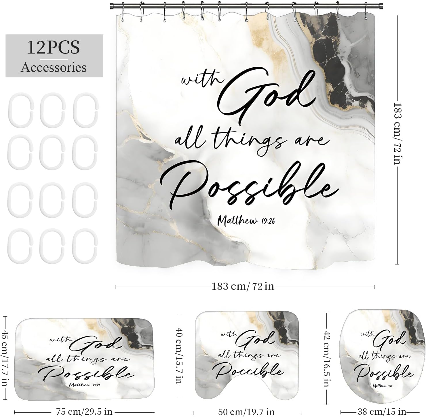 Marble Bathroom Sets with Rugs for Bathroom Decor, 72x72 Inches Gold Shower Curtain with Non-Slip Rugs and Accessories, Waterproof Machine Washable Bath (Curtain Set-Marble Bible) image 2