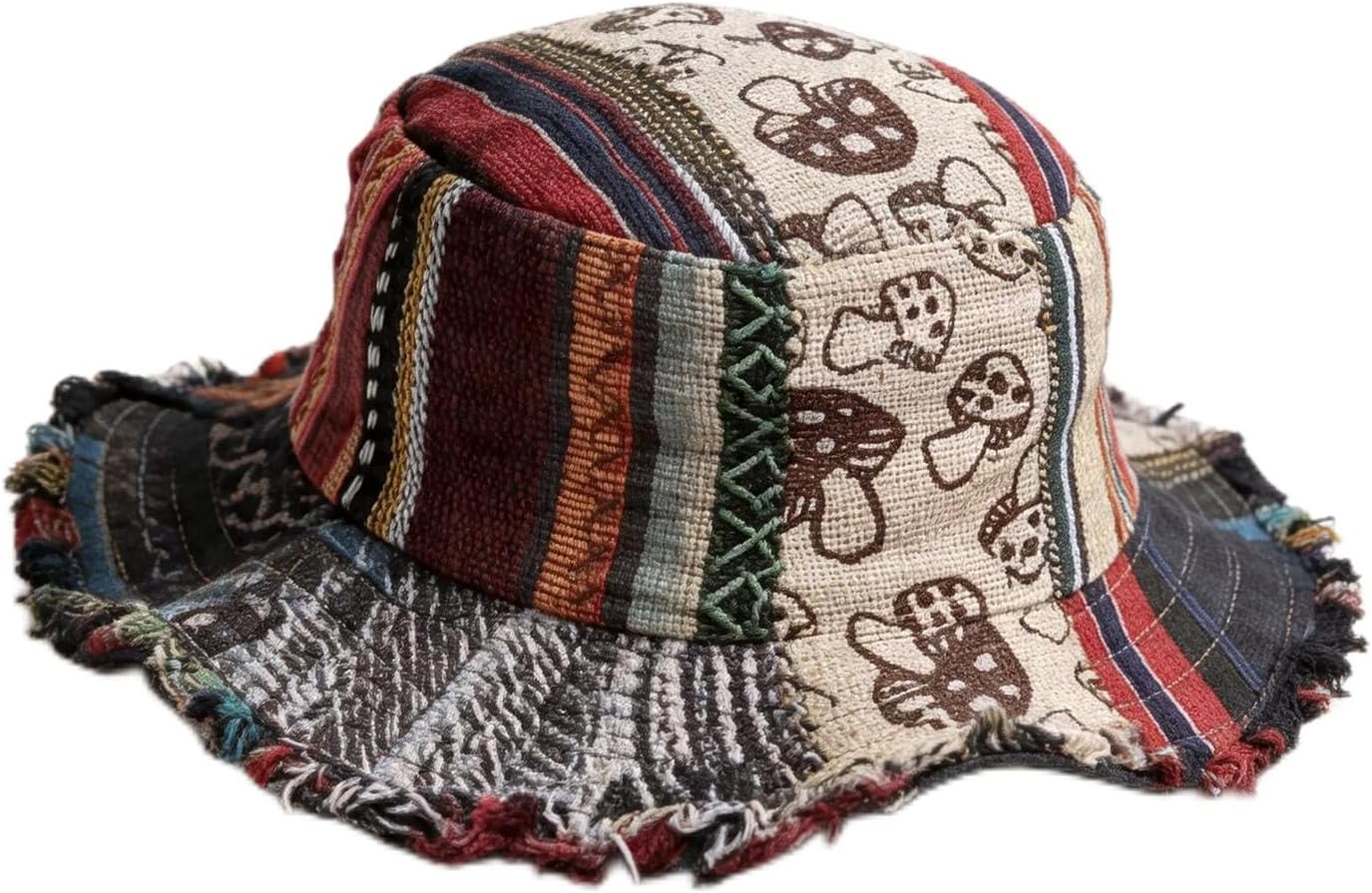 Frayed Patchwork Bucket Hat for Women and Men, Handmade Boho Sun Hat with Hidden Pocket, Multicolored Mushroom Design, Shapeable Wide Brim for Beach, Travel, Festival
