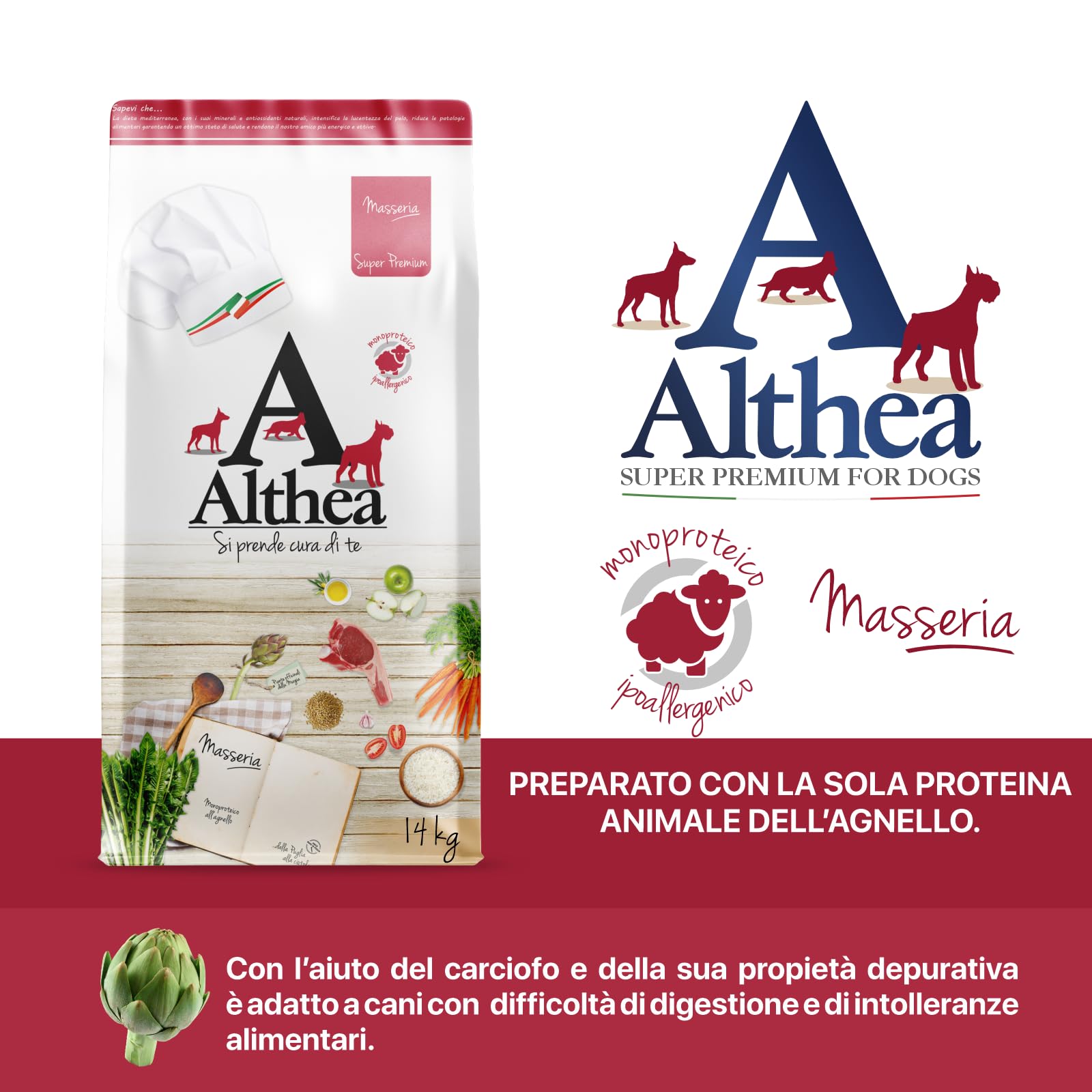 Althea Monoproteico all'agnello - Cibo per Cani Adulti di Taglia Media/Grande - 14 kg