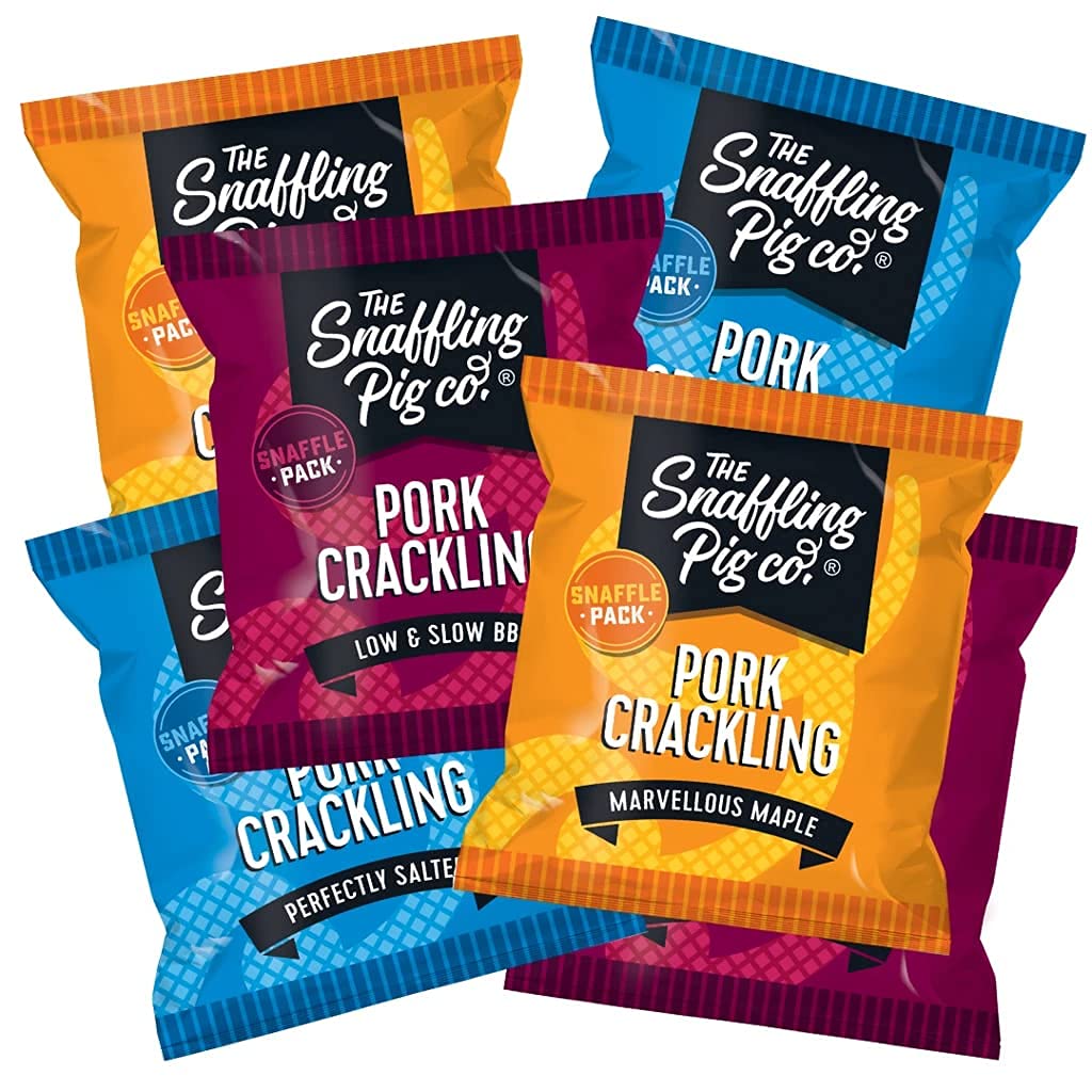 Snaffling Pig Mixed Flavours Pack 6 x 14g Pork Crackling Low Carb High Protein Keto Savoury Snack Multipack Perfectly Salted, Low & Slow BBQ, Marvellous Maple - 2 of Each Flavour - 6 x 14g