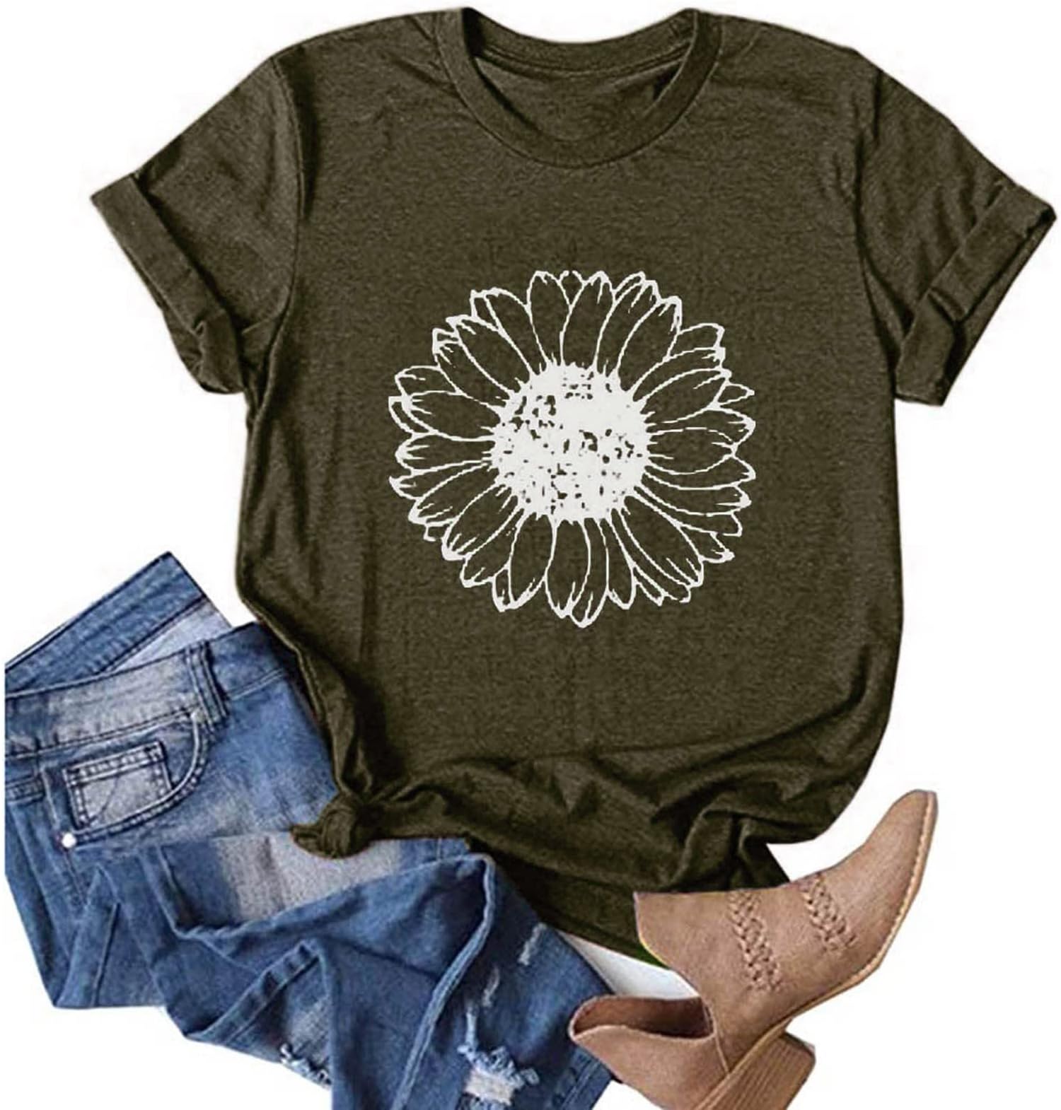 ZEFOTIM Sunflower Tops for Women 2024 Short Sleeve Crewneck Casual Summer Fashion Tops Shirts
