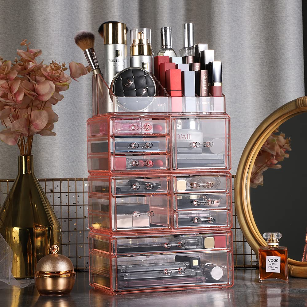Cq acrylic Makeup Organizer Countertop Acrylic,4 Piece Stackable Design Make Up Cosmetics Storage Stand with 11 Drawers,For Cosmetics,Skincare,Vanity,Bathroom,Pink : Beauty & Personal Care