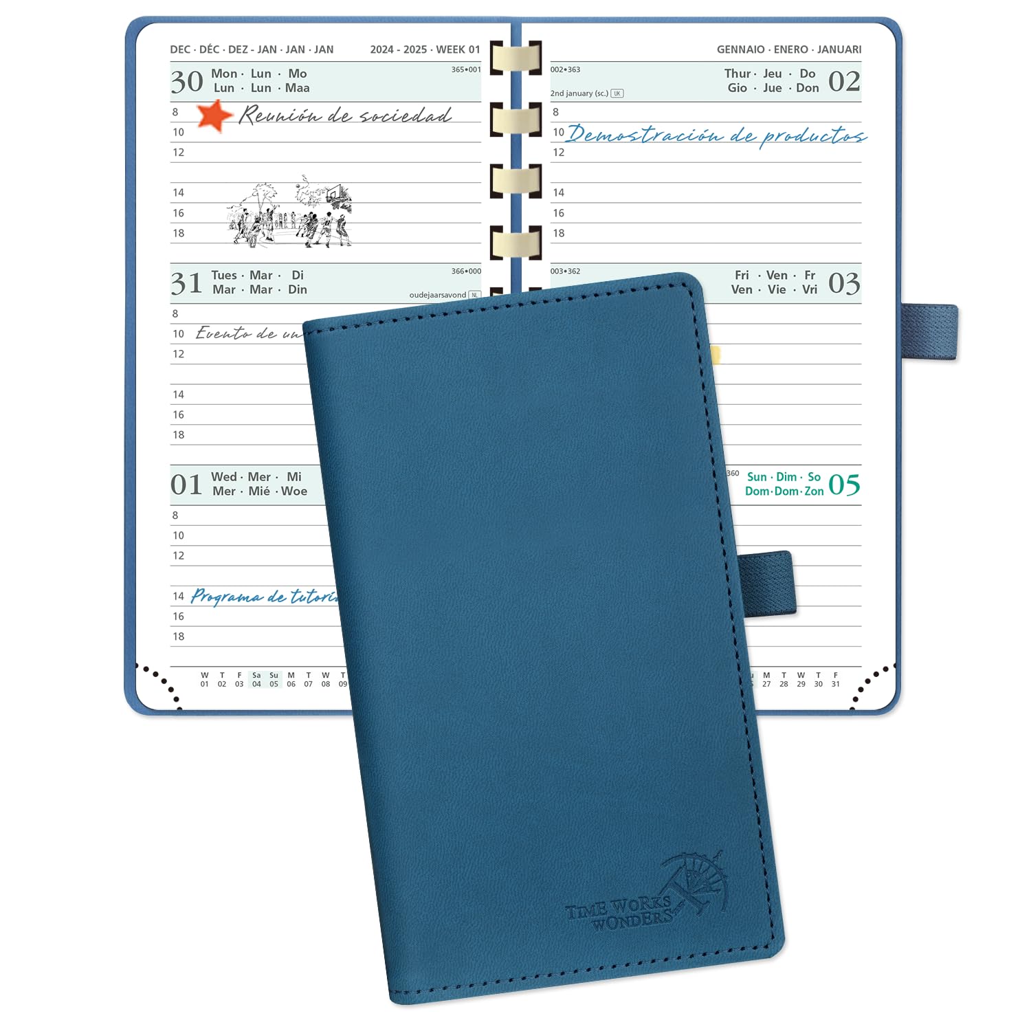 POPRUN Agenda 2024 2025 Pequeña 16,5 x 9 cm, Agenda Semanal Espiral 17 Meses de Ago.2024 a Dic.2025, 1 Semana 2 Páginas, Porta Boligrafos Autoadhesivo, 80 GSM Papel, Azul Cielo Nocturno
