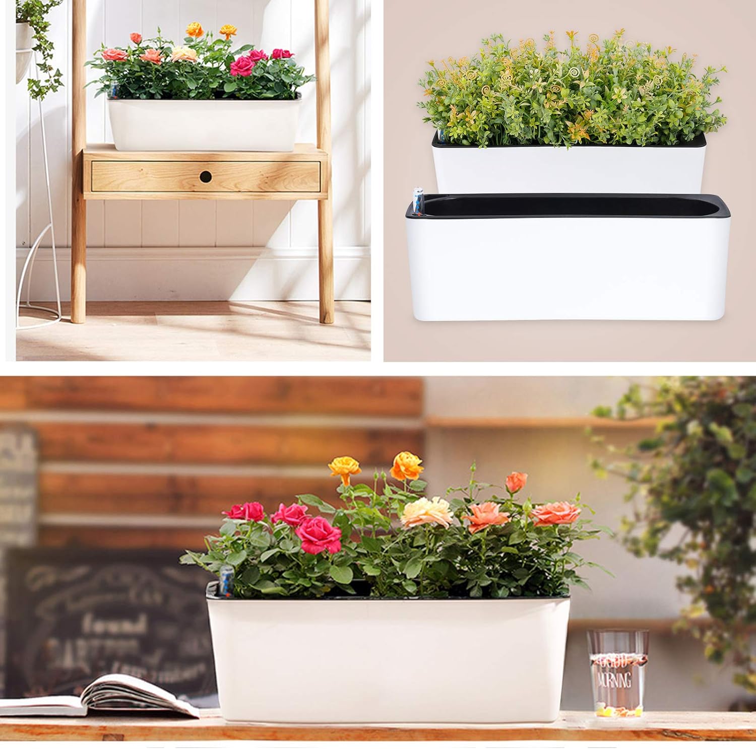 NiHome 2-Pack Self Watering Planters Rectangular 2-Layer Window Herb Planter Box for Indoor Plants Garden Balcony, Window Sill Planters with Water Gauge Indicator