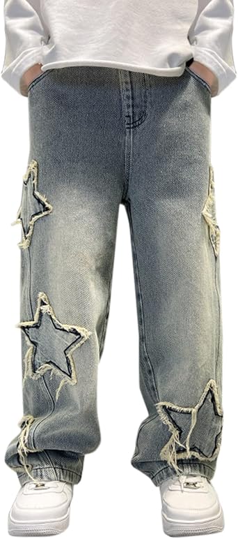 Boys Baggy Jeans Kids Loose Fit Casual Straight Wide Leg Denim Pants Fashion Vintage High Waist Y2k Streetwear with Pockets