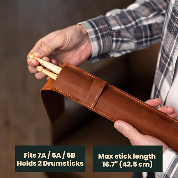 Full-Grain Leather Drumstick Case Single-Pair Stick Holder with Flap Closure, Wrist Strap & Carabiner Fits 7A/5A/5B (Max 16.7 Sticks) Handmade Pouch for Drummers & Percussionists, Warm Brown