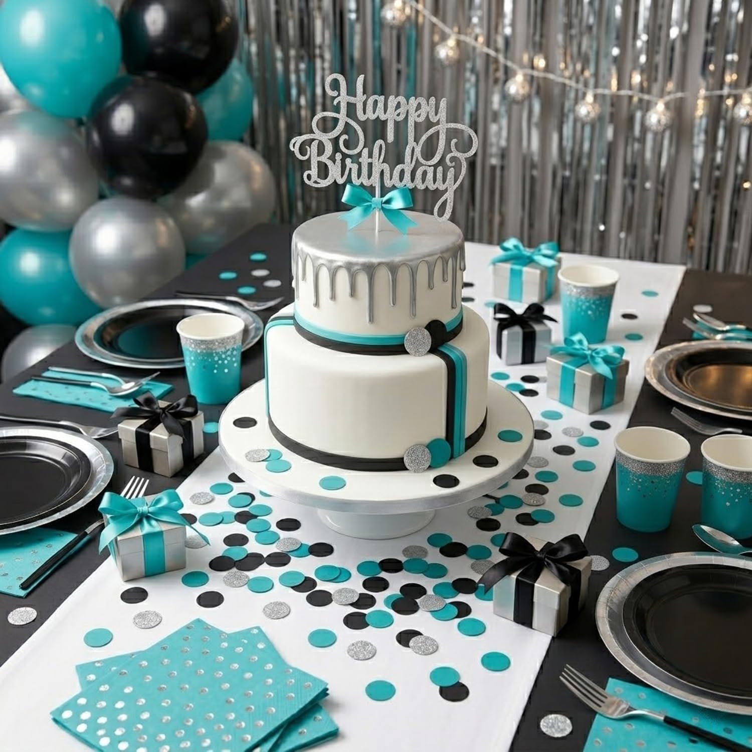 200PCS Black Teal and Silver Glitter Party Decorations Circle Dots Paper Confetti - Turquoise Aqua Table Scatters for Bridal Shower Wedding Birthday Graduation Retirement Favor Gift Wrap Supplies