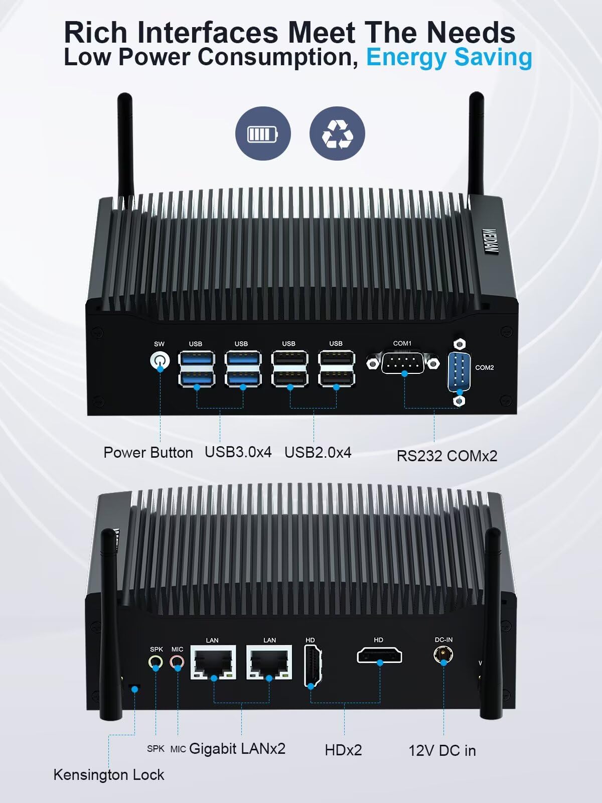 WEIDIAN Senza Ventola Industriale PC, Industriale PC Core i5 8350U, Mini Computer Win 11, Dual HD Display Output, 2RJ45 LAN, 8USB, 2RS232 COM, WiFi, BT, VESA, Linux (32GB RAM 512GB SSD 1TB HDD)