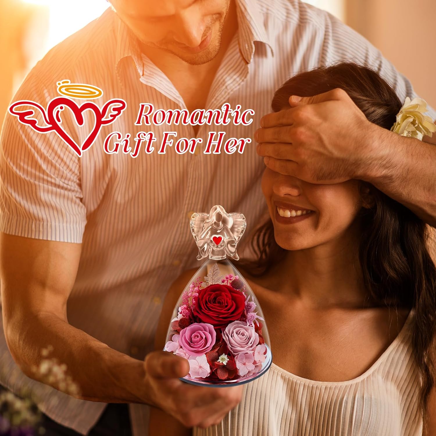 Preserved Flowers in Glass Angel Figurine with LED Light,Forever Real Roses Prime Eternal Flower Birthday Glitter Decorations for Her Women Mom Grandma Wife Sister - Image 7