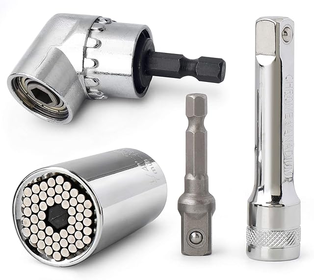 Hi-Spec 4pc Universal Socket & Adaptor Tool Set. A Handy Mans DIY Wrench Gadget. Fits All Popular Sizes 7 to 19mm