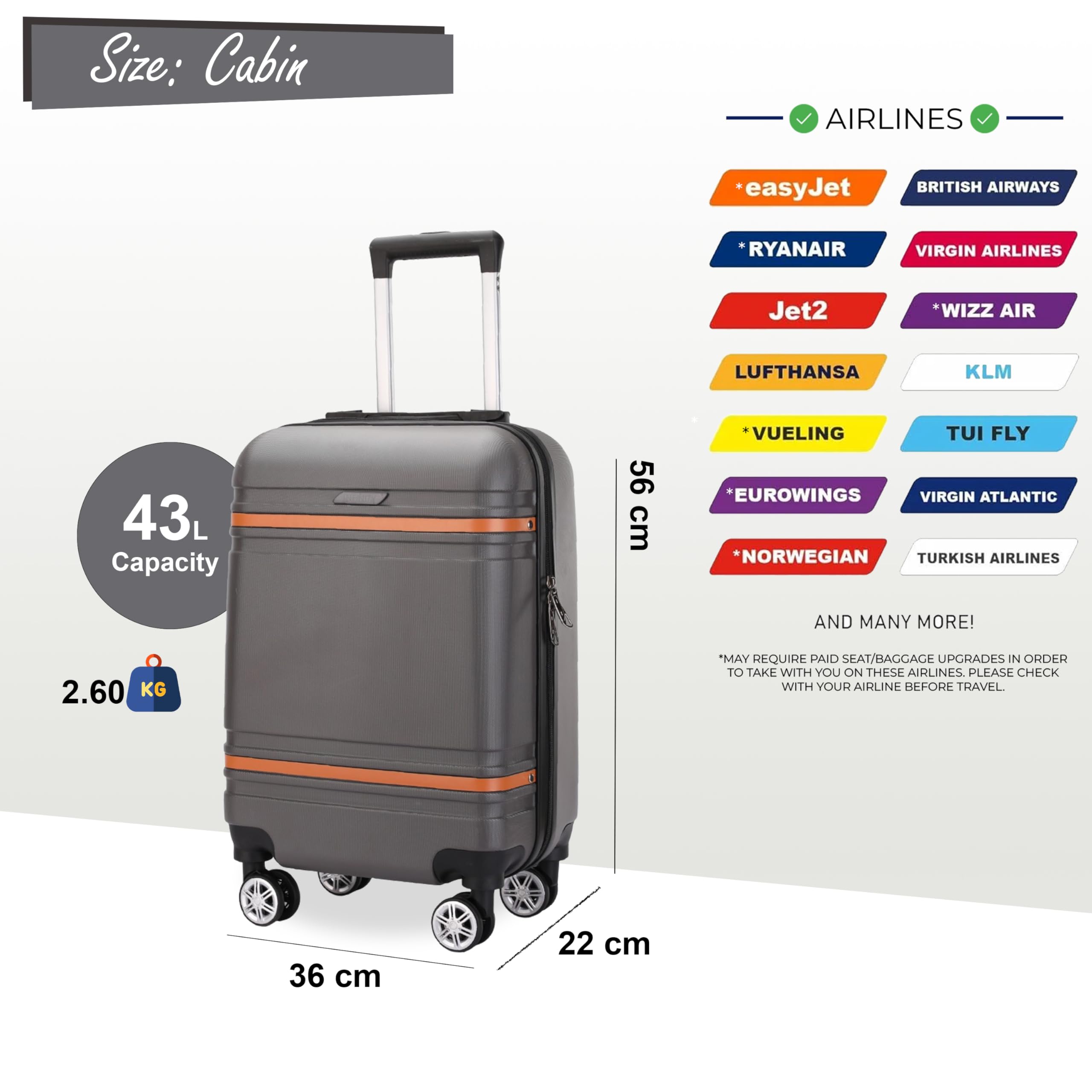 Infinity Zestawy bagażowe twarda skorupa lekki wózek ABS walizka podróżna kabina torby wakacyjne walizka, Grafitowy, S(56cm 43L), Bagaż podręczny