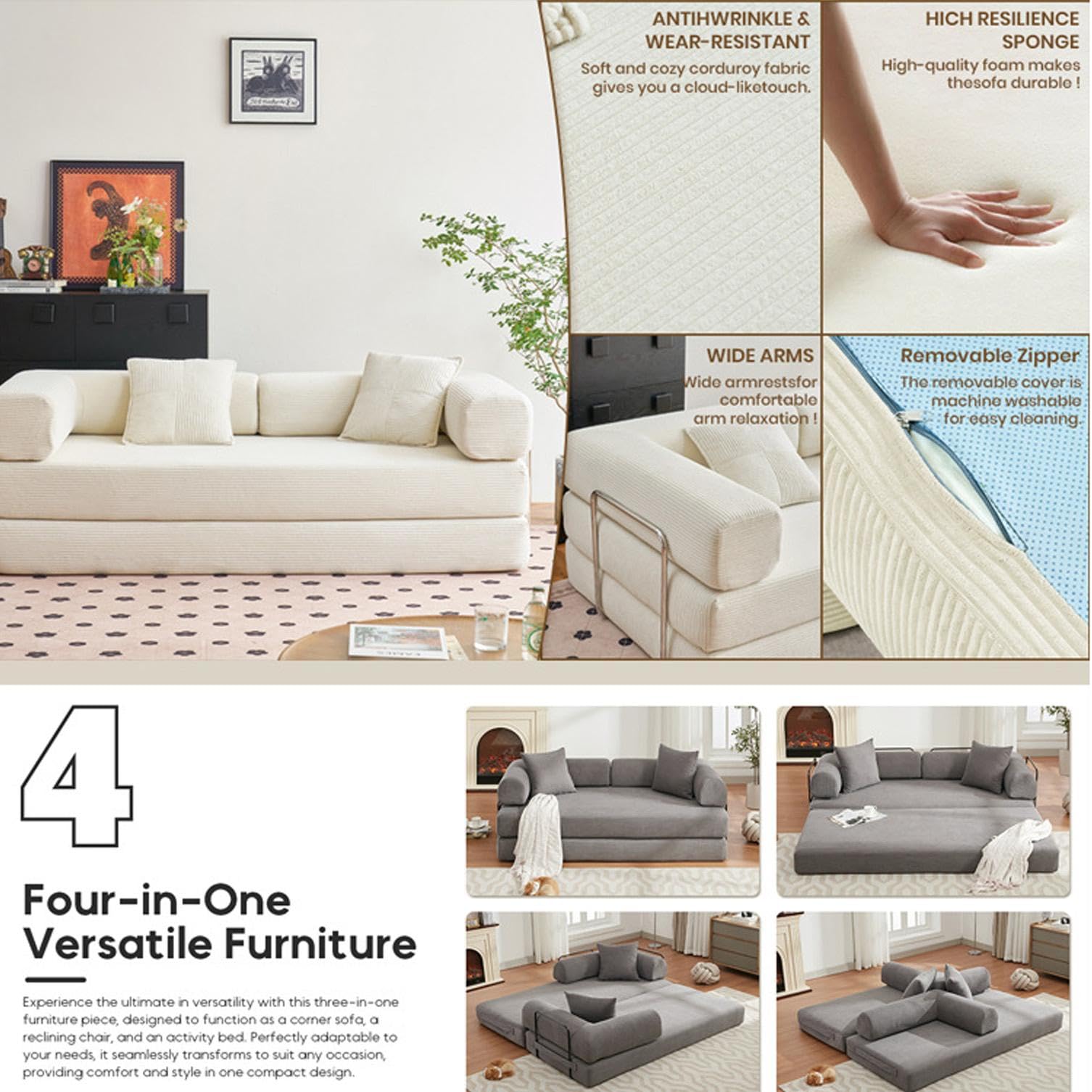 Faltbares Schlafsofa 180cm Breite XXL Bett, Modulares Bodensofa, Cord Wolkensofa mit Metallrahmen, 3 Sitzer Gästebett Klappbar, rutschfest, Waschbar,Off white-180cm-3 Seats
