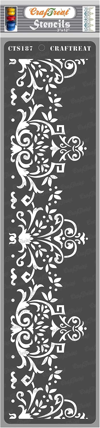 CrafTreat Border Stencils for Painting on Wood, Canvas, Paper, Fabric, Floor, Wall and Tile - Border 1 - 3x12 Inches - Reusable DIY Art and Craft Stencils for Borders - Damask Border Stencils