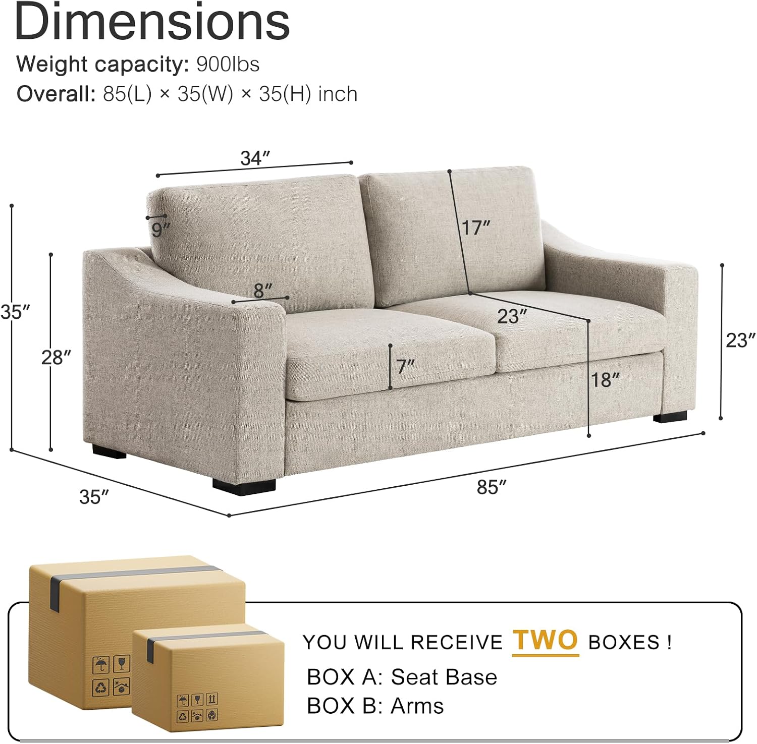 ELUCHANG 85" Deep Seat Sofa 3 Seater Natural Linen Detachable Cover Oatmeal