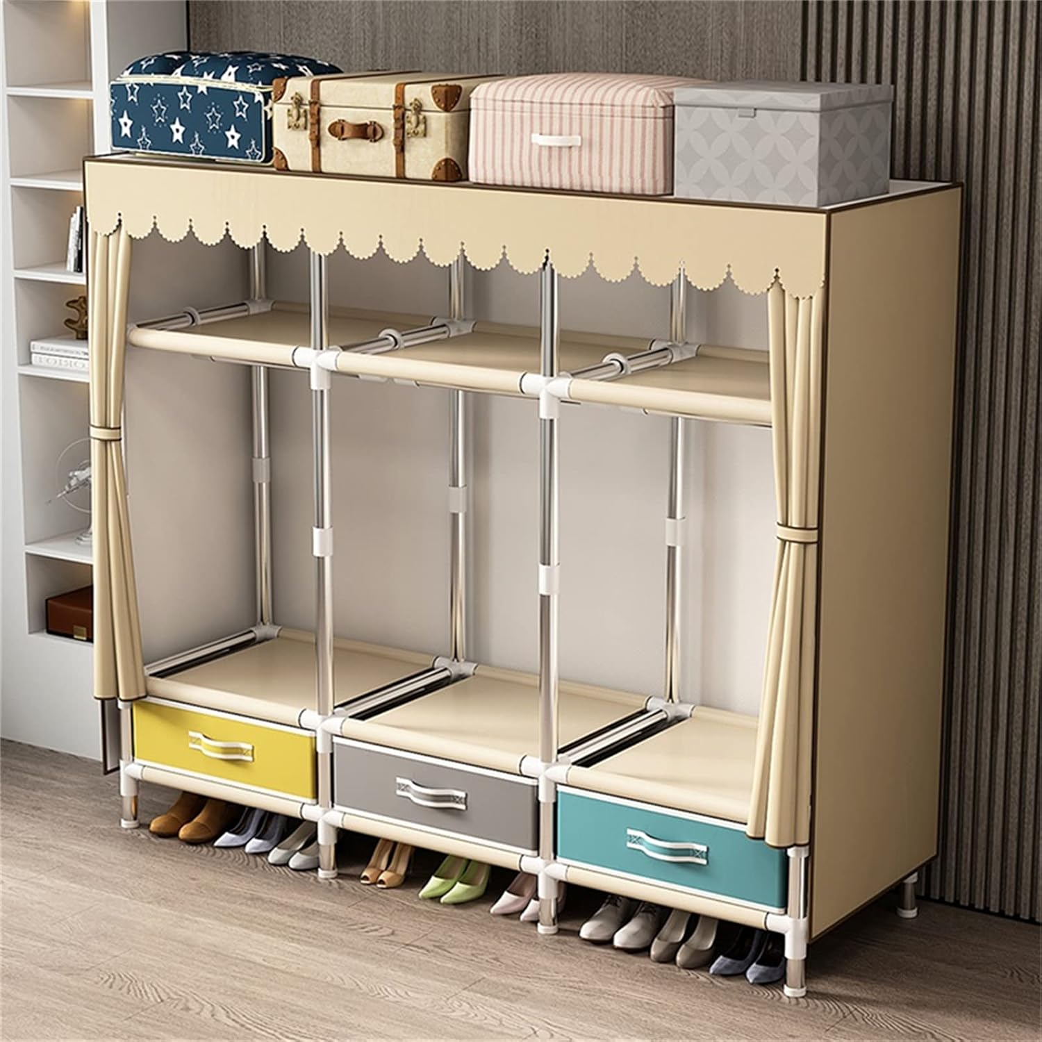 Open Wardrobe,Simplicity Fabric Canvas Cupboard Three Layers Storage Cupboard with Partition,Hanging Area,Storage Cubic Drawer(Size:170 * 45 * 150CM,Color:B) (C 170 * 45 * 150CM)