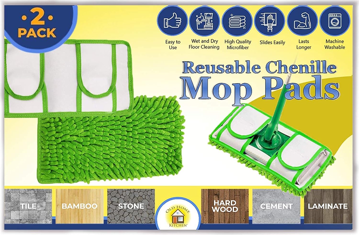 Reusable Chenille Mop Pads | Washable Microfiber Pads for Standard Mop Heads | Swiffer-Compatible Dry Mops for Dust, Pet Hair, and Spills | Replacement Set of 2