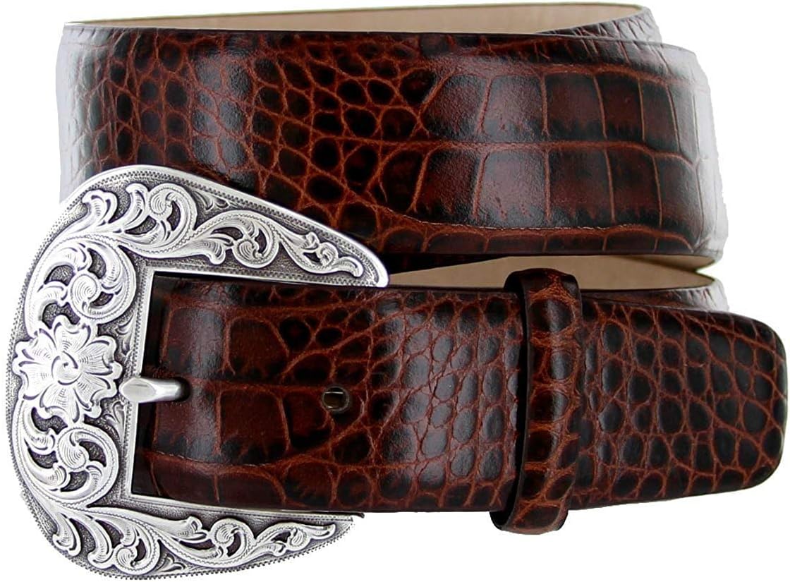 S5359K_Western Alligator Embossed Genuine Full-Grain Cowhide Leather Belt, 1-1/2" Wide