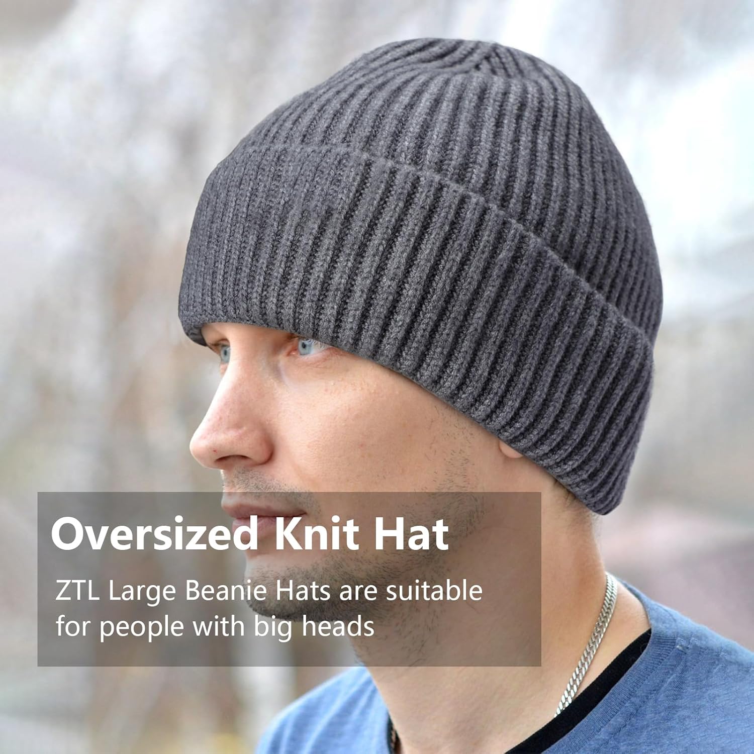 Oversize XXL Beanie Hat for Big Heads 23.6"-25.6", Large Winter Knit Hats Ribbed Stocking Hat Ski Skull Cap - Image 3