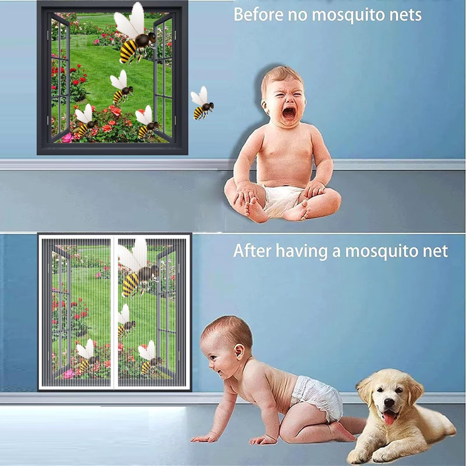 Niestandardowa magnetyczna moskitiera 165x200cm Magnetyczna zasłona okienna moskitiera na okno przeciw owadom przeciw komarom dla dzieci i zwierząt domowych,biały