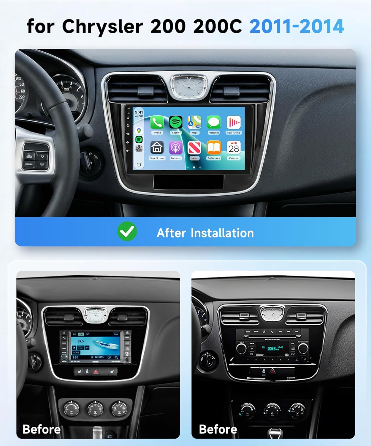 4G+64G Car Radio Stereo for Chrysler 200 200C 2011-2014, 9inch IPS Touch Screen Android 15 Wireless CarPlay/Android Auto 32 EQ GPS WiFi 5.0Bluetooth FM/RDS SWC AHD Backup Camera