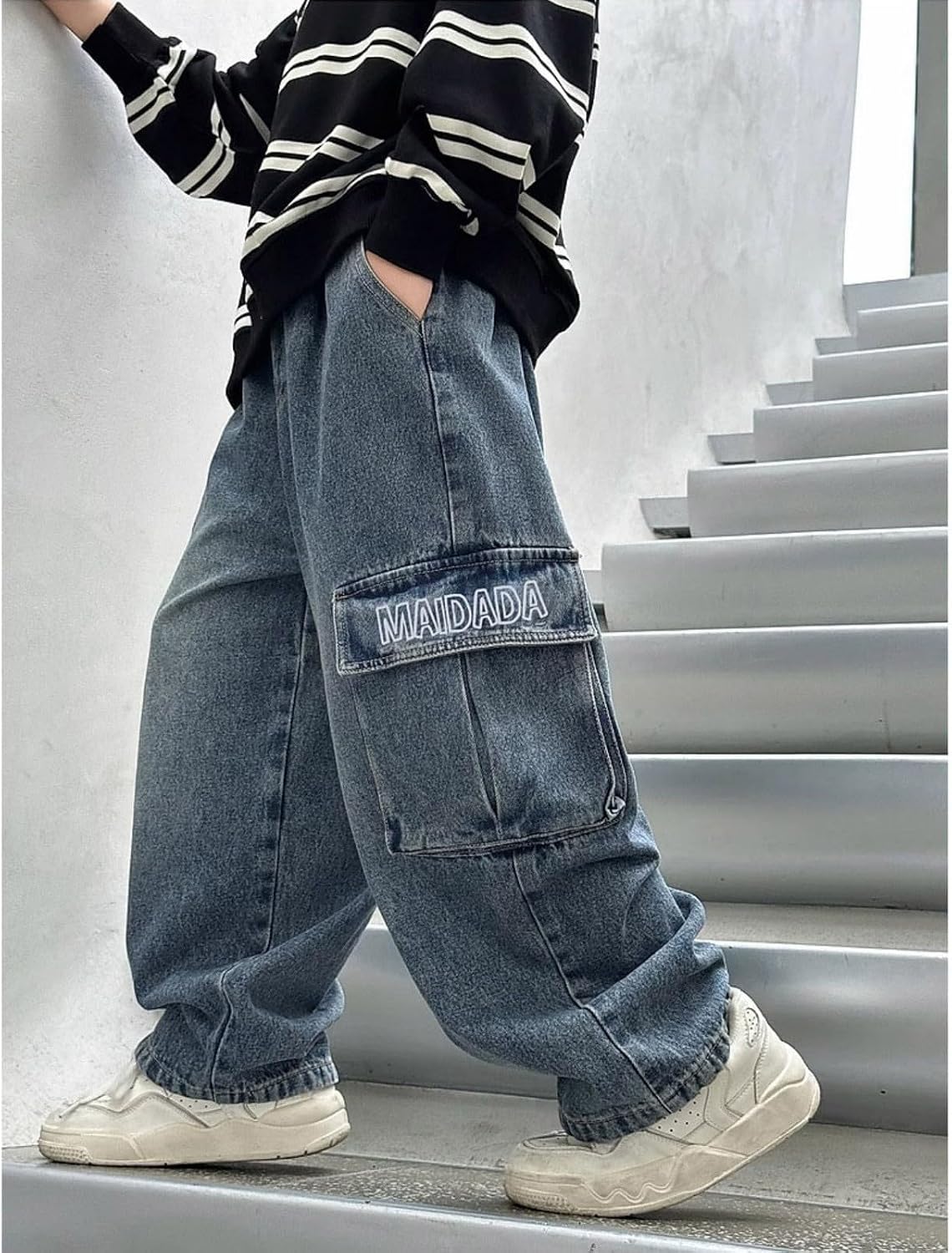 Boys Baggy Jeans Casual Wide Leg Elastic Waist Denim Pants Summer Straight Stretchy Athletic Y2K Jean Trousers Teen
