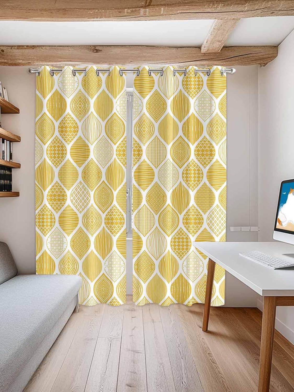 Grommet Top Window Curtains, Geometric Yellow Texture Durable Light Blocking Windows Drapes for Kitchen/Bedroom/Living Room, Window Treatments Curtain Set of 2 Panels 52x90 in