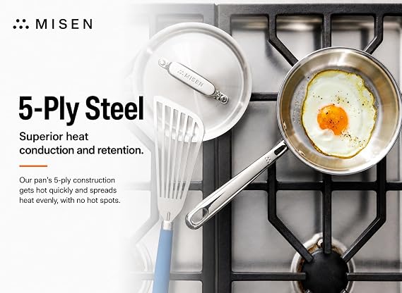 Misen 5-Ply Stainless Steel Saucier with Lid Induction-Compatible Pan with Curved Sides for Smooth Stirring - Oven Safe to 800F Even Heat Distribution & Ergonomic Handle - 3 QT