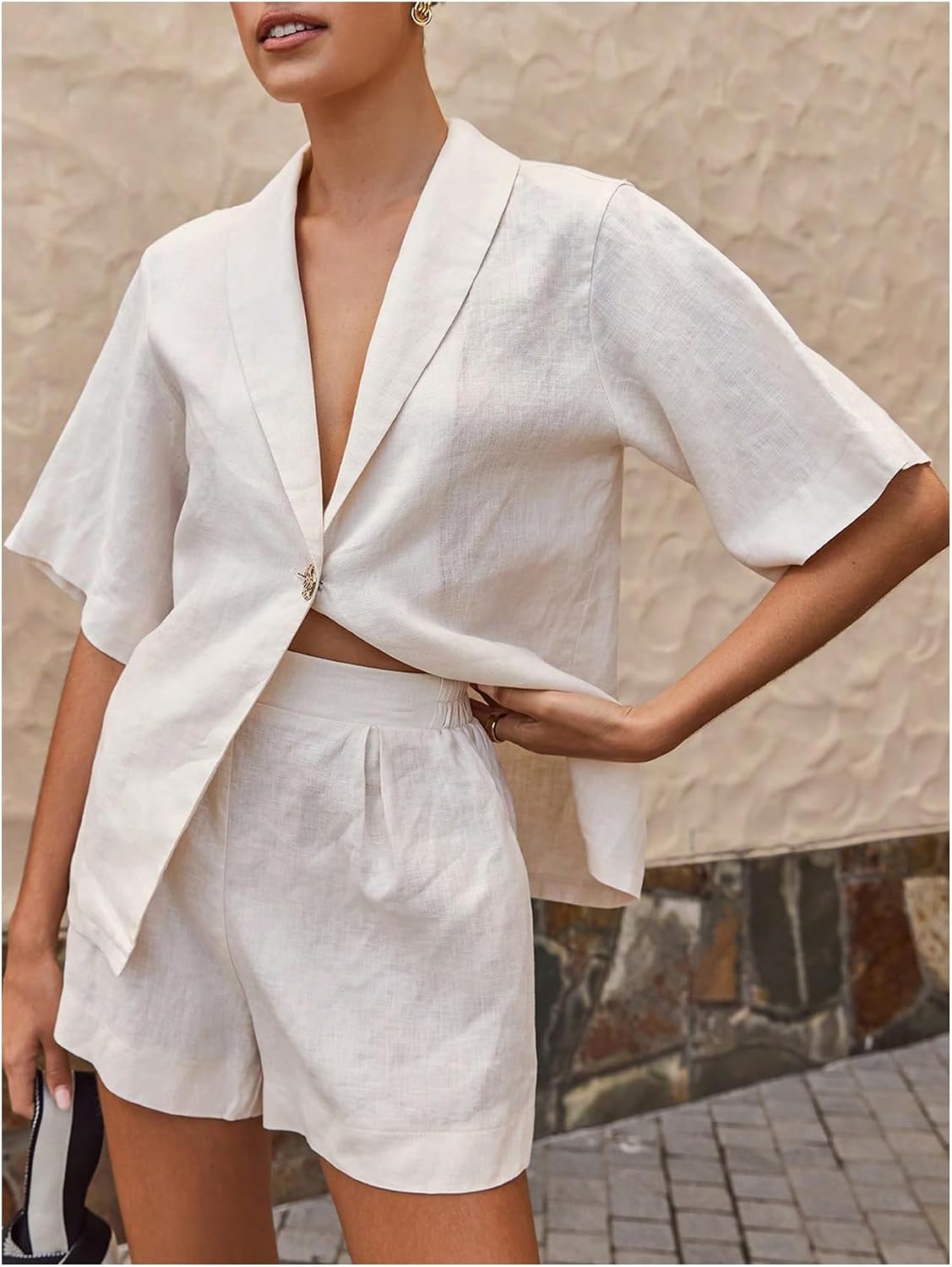 Milumia Women's 2 Piece Outfit Button Front Collared V Neck Short Sleeve Shirt Shorts Sets