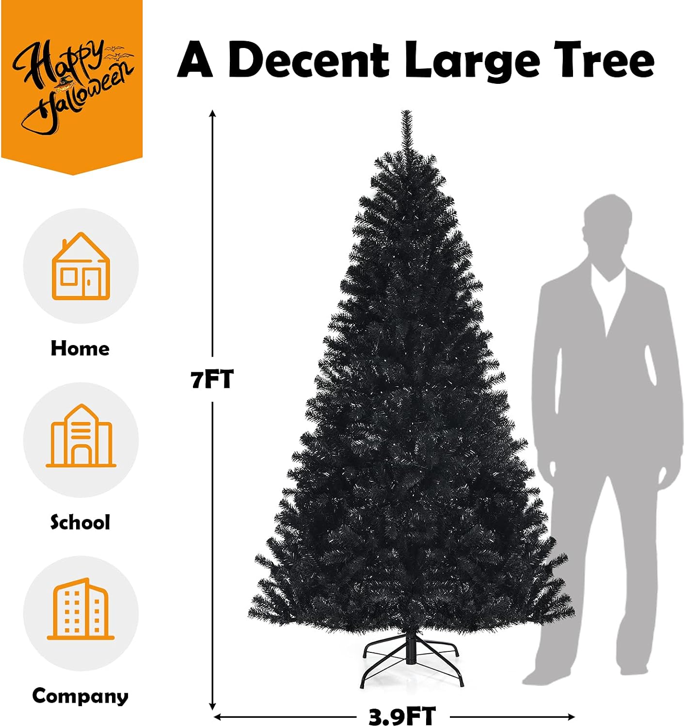 DORTALA Black Pre-lit Christmas Tree, 7FT Artificial Xmas Tree with 500 Purple LED Lights, 1096 Branch Tips, Foldable Metal Stand, Holiday Halloween Tree for Home Party