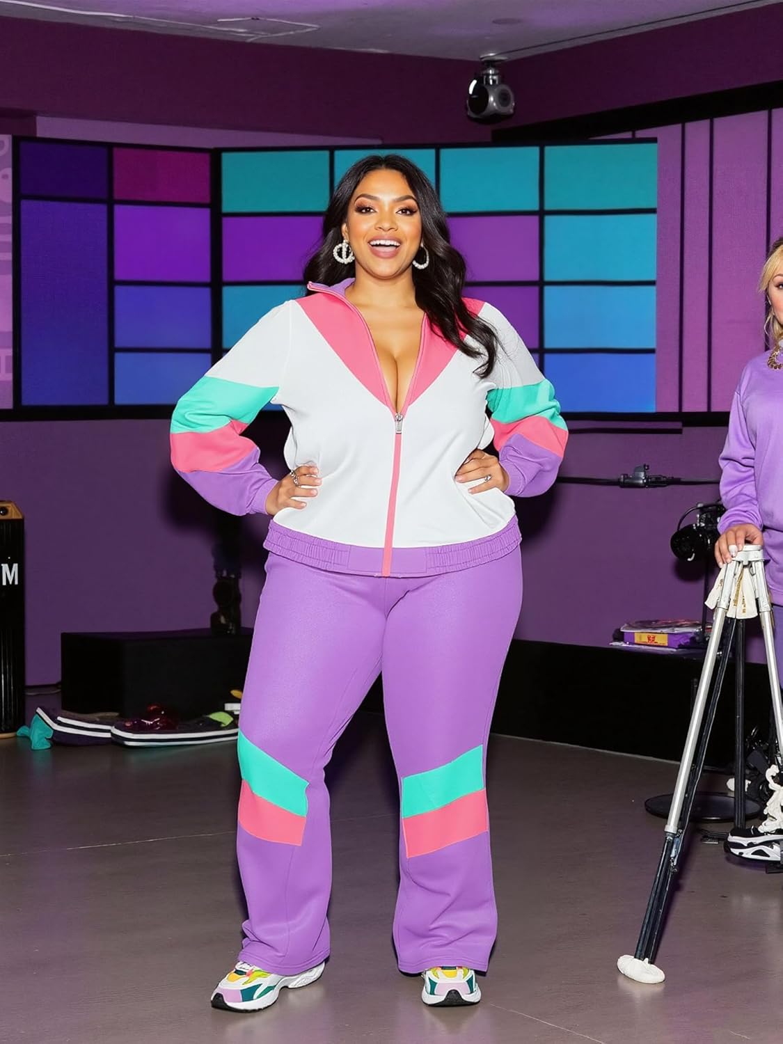 UOUA Plus Size 80s Outfit for Women 90s Costume Long Sleeves Windbreaker 2 Piece Party Tracksuit - Image 2