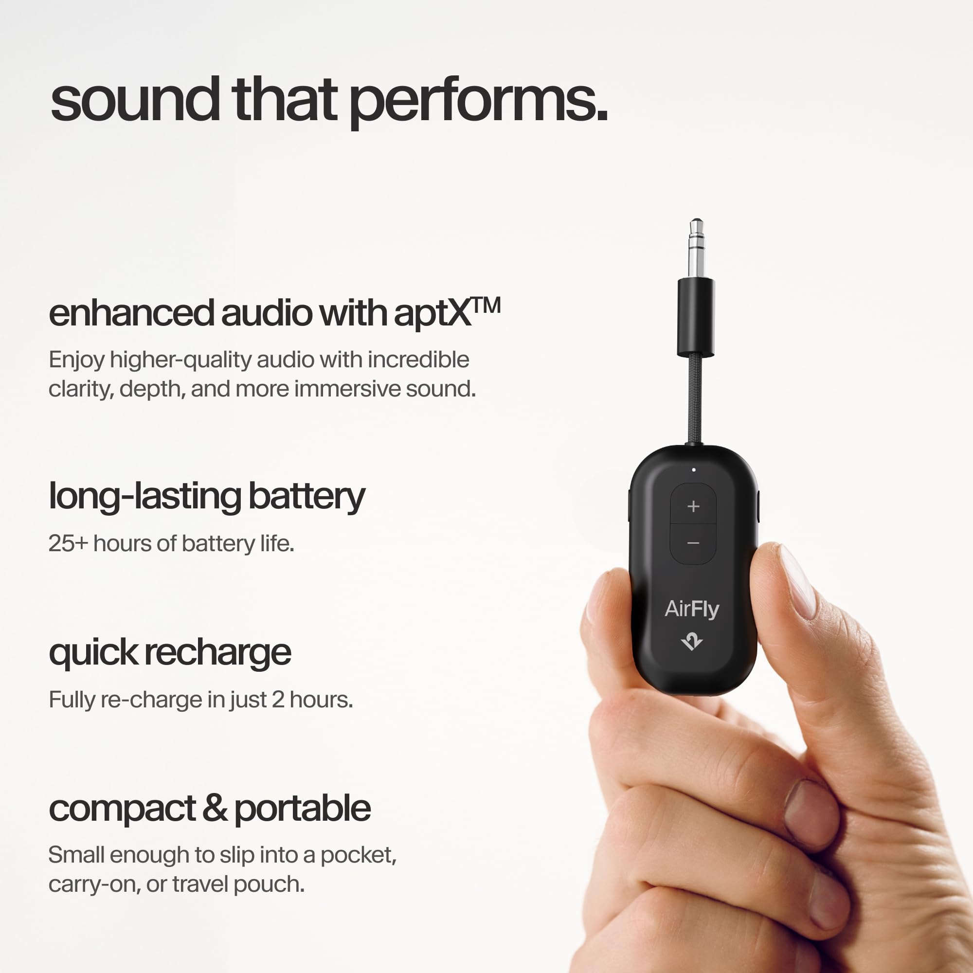 AirFly Pro 2 - Adattatore Bluetooth per aereo, coppia 2 AirPods o cuffie wireless - Trasmettitore e ricevitore Bluetooth AUX da 3,5 mm per auto, barche, tapis roulant, TV, accessori essenziali da
