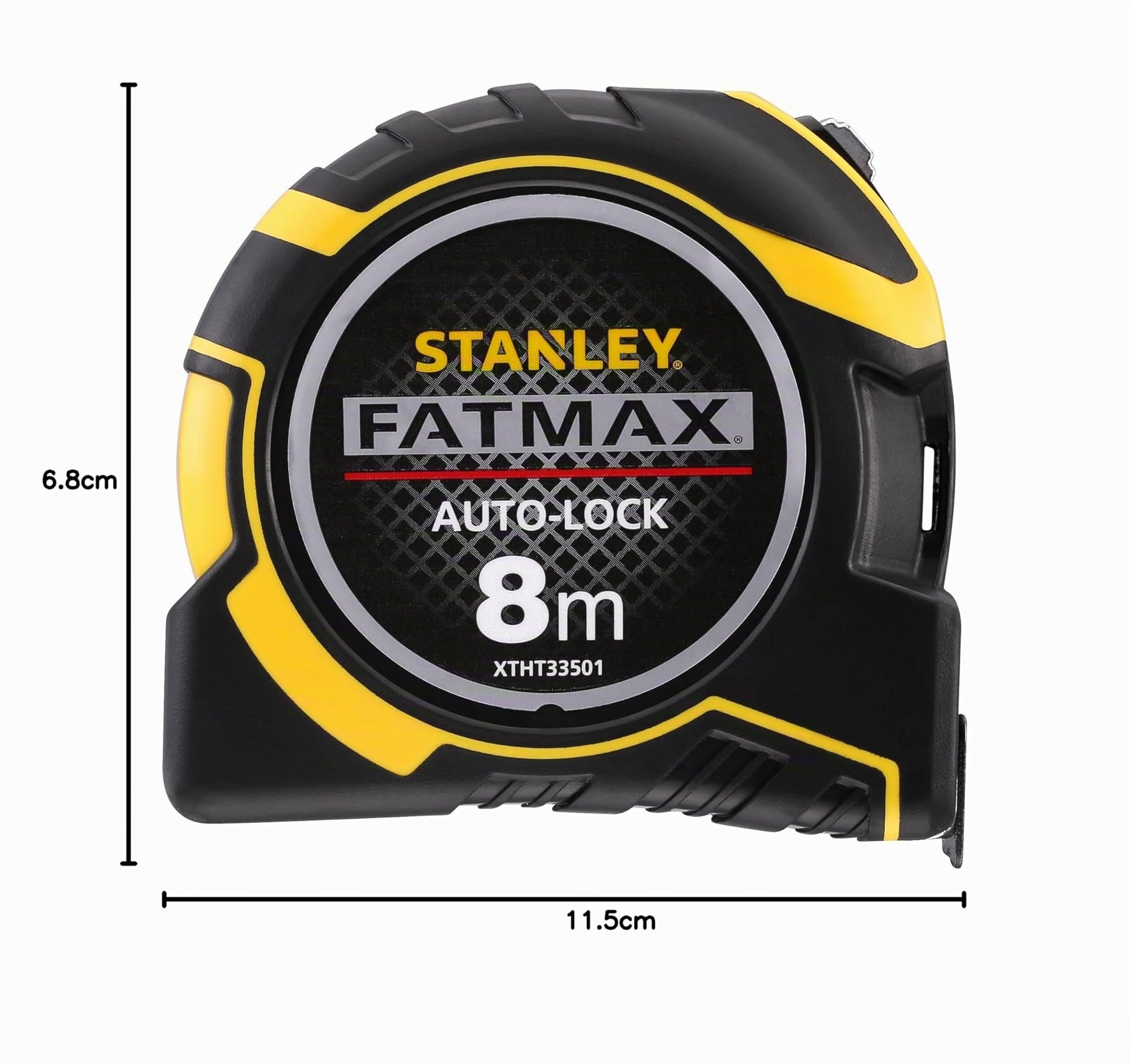 STANLEY FATMAX - XTHT0-33501 - Flexómetro AutoLock 8 metros x 32mm, Cinta ancha, Gancho magnético con posición cero real, Estuche bimaterial ergonómico, Mecanismo de bloqueo inverso.